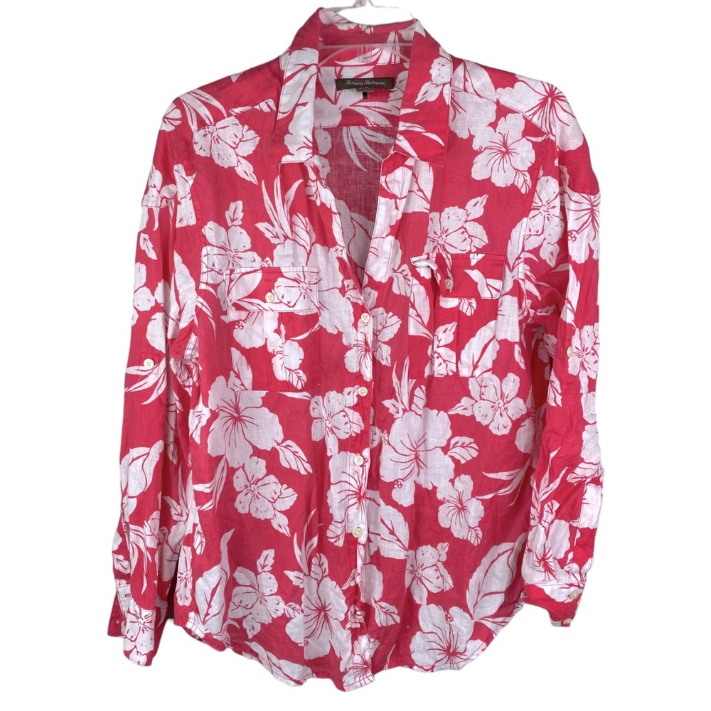 Gently used Tommy Bahama Pink and White Floral Button Down Shirt